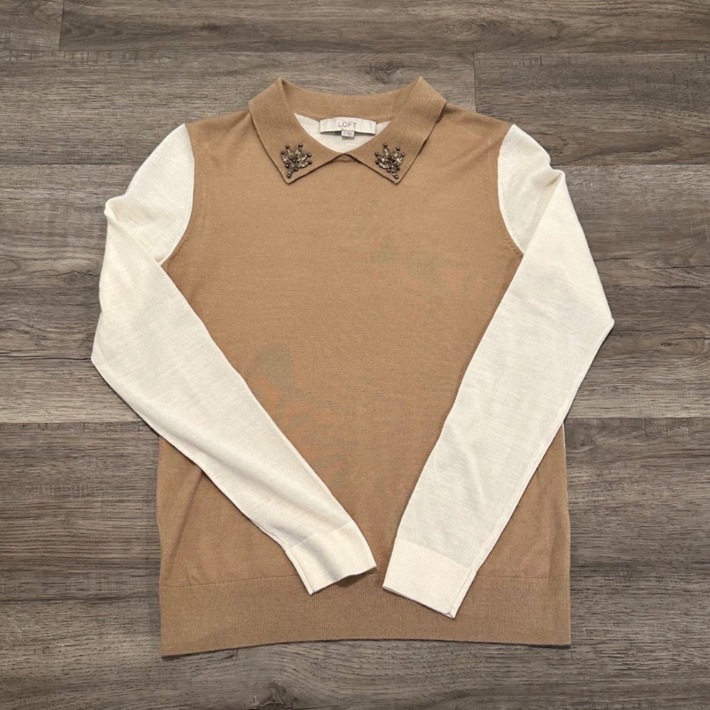 LOFT Womens Medium Wool Blend Beaded Collared Sweater Camel Beige Cream Jewel - Picture 3 of 12